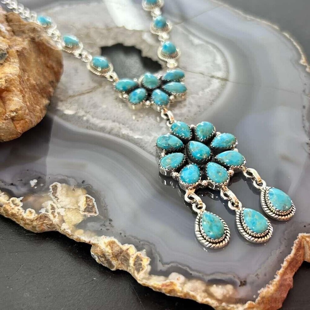 Sterling Southwestern Style 25 Teardrop Turquoise Cluster 17" Necklace For Women - Picture 5 of 10